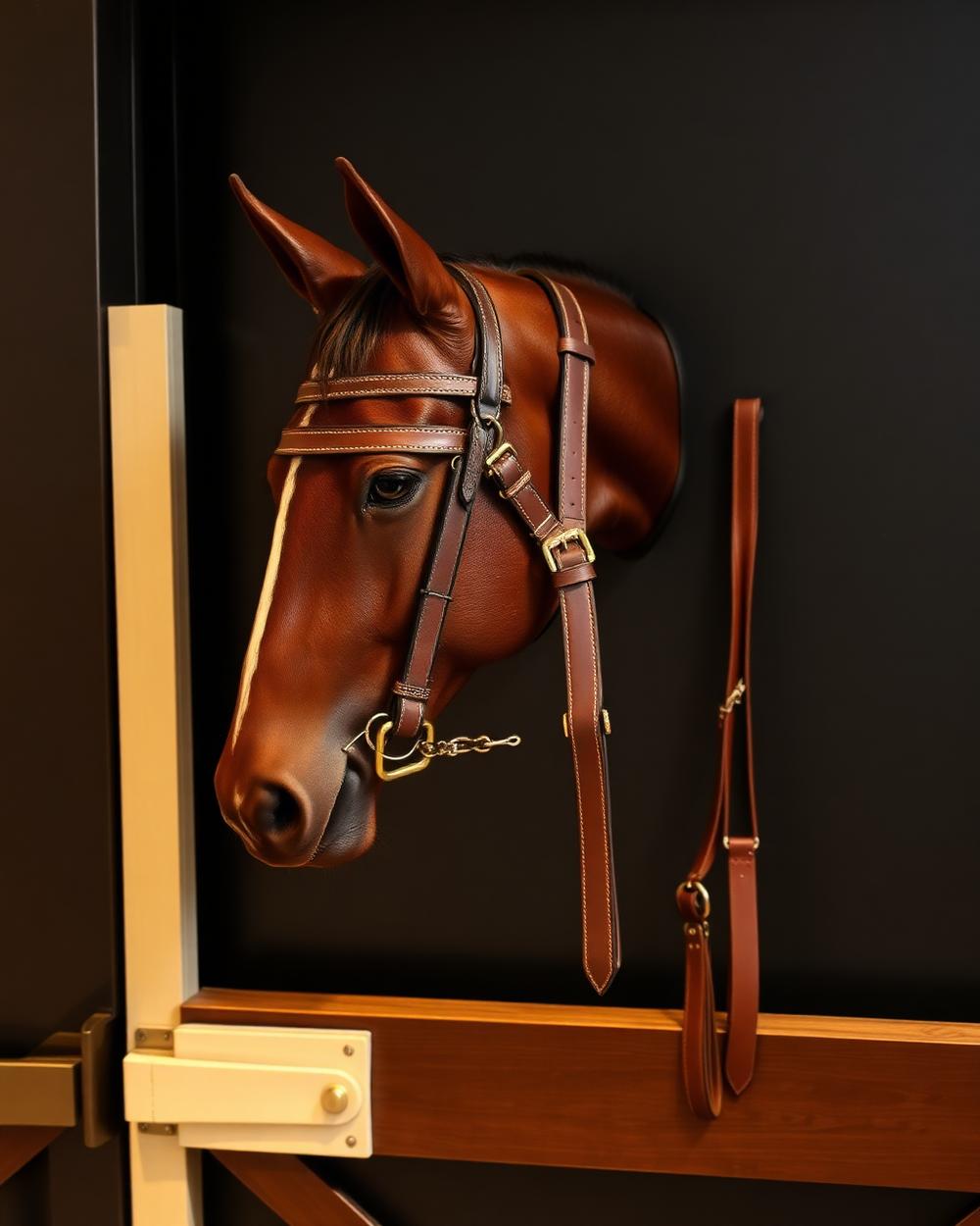 Premium leather bridle hanging in a dark stable